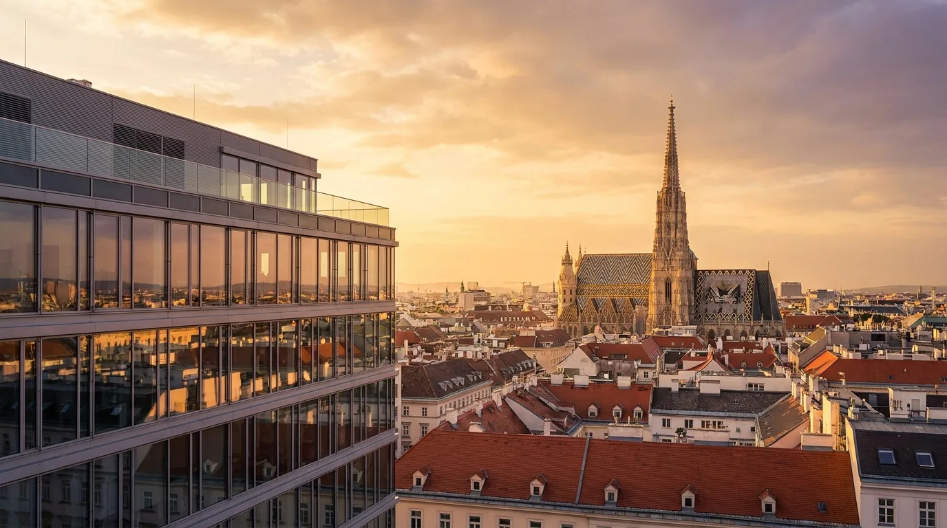 Blick über die Dächer von Wien auf den Stephansdom, links ein modernes Bürogebäude