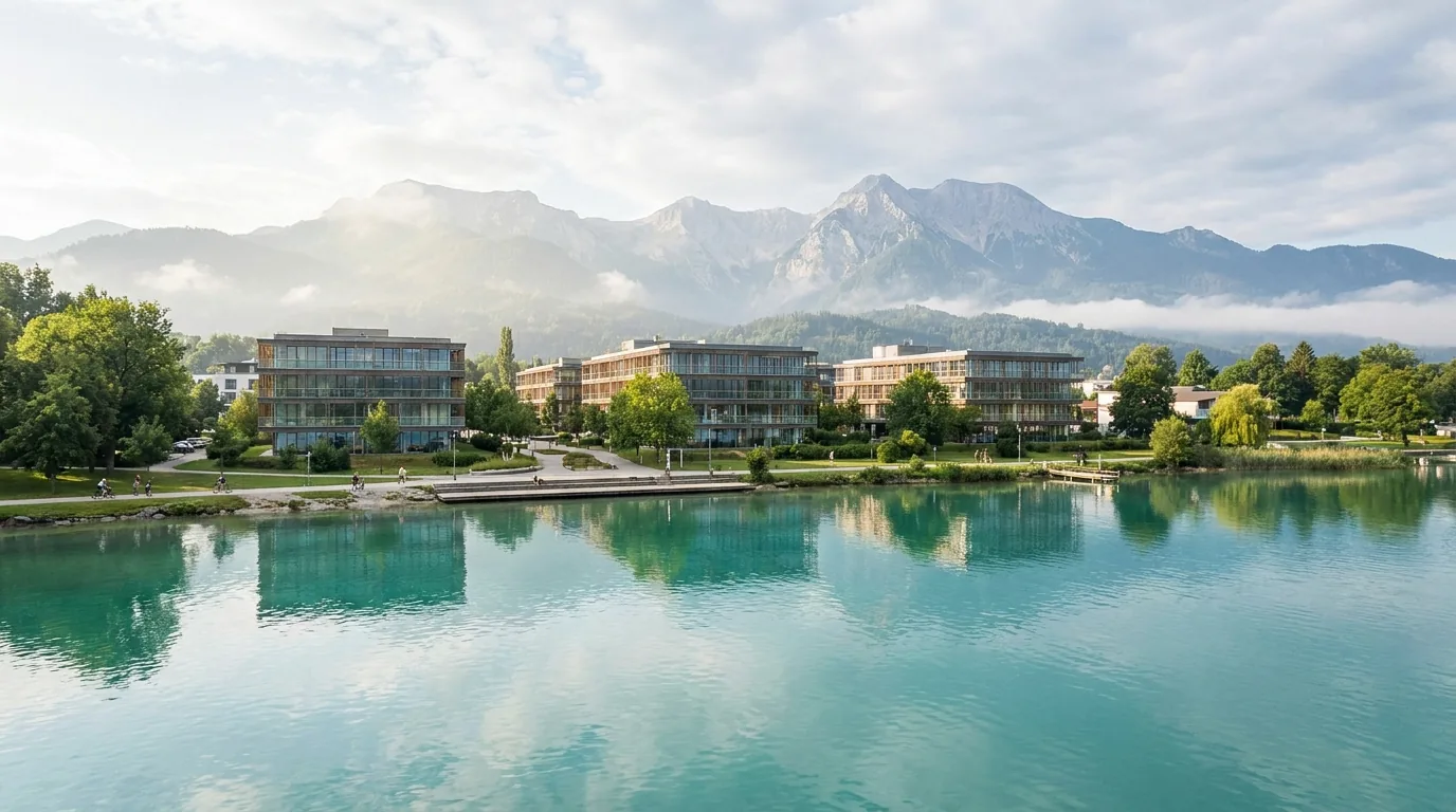 Wörthersee bei Klagenfurt mit Bürogebäuden am Ufer und den Karawanken im Hintergrund