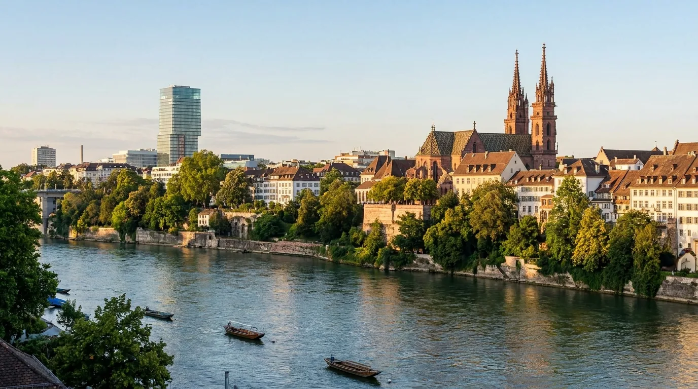 Rhein in Basel mit dem Basler Münster und einem modernen Hochhaus im Hintergrund