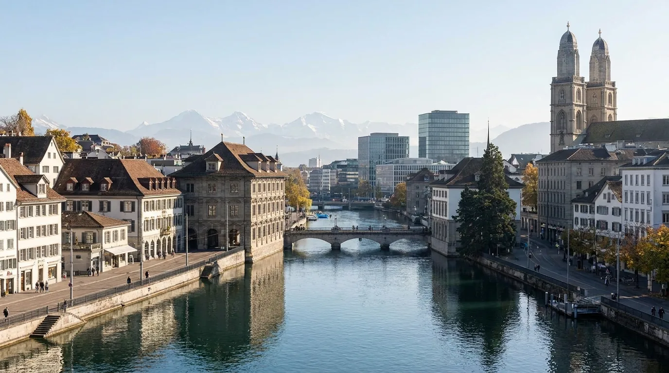 Limmat in Zürich mit Grossmünster, Altstadt und modernen Bürogebäuden vor den Alpen
