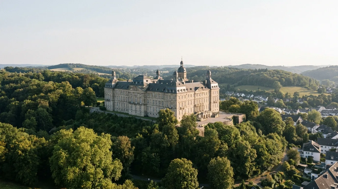 Schloss Bensberg in Bergisch Gladbach auf einer Anhöhe zwischen Bäumen