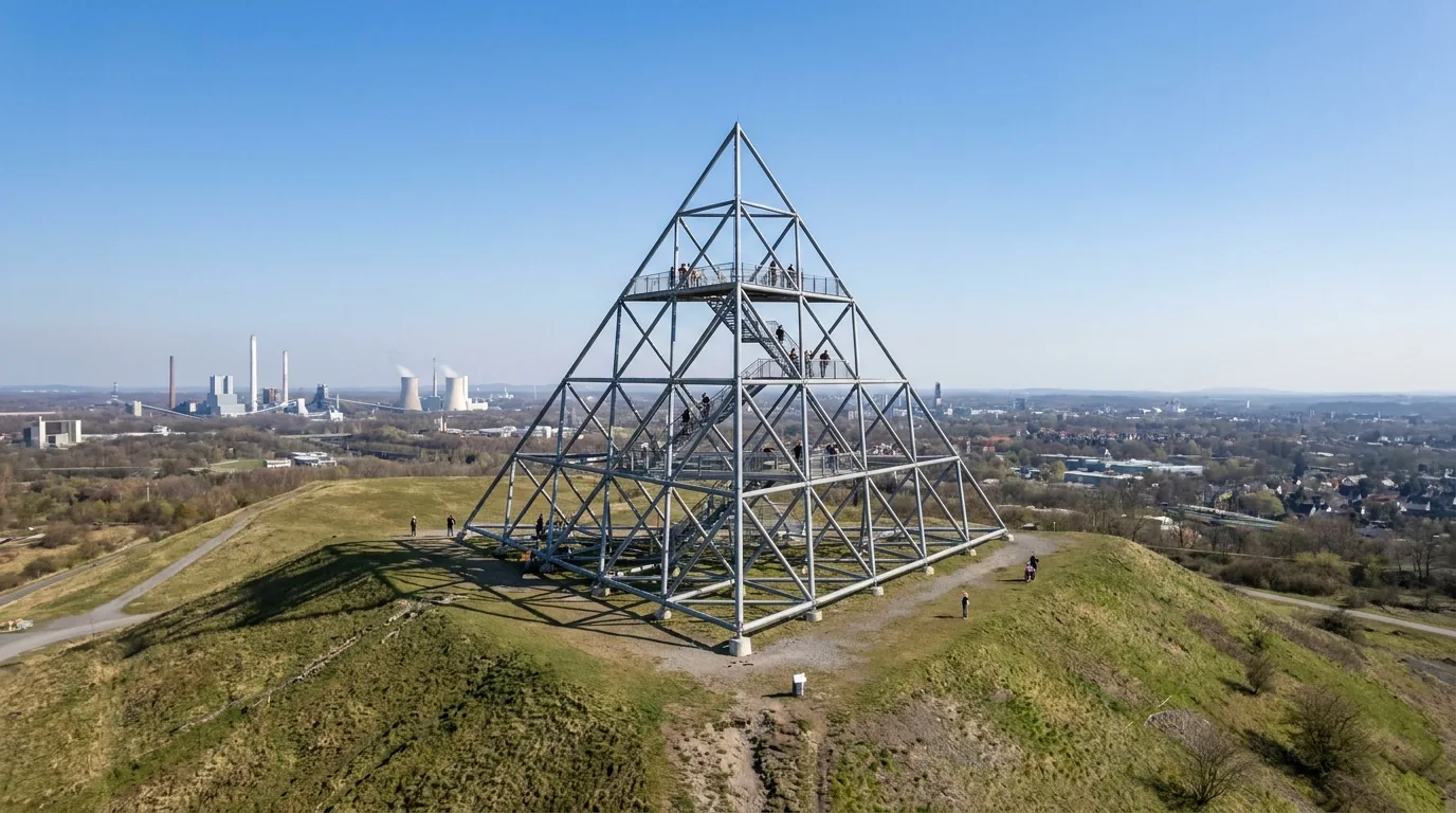 Der Tetraeder aus Stahl auf der Halde in Bottrop mit Blick über das Ruhrgebiet