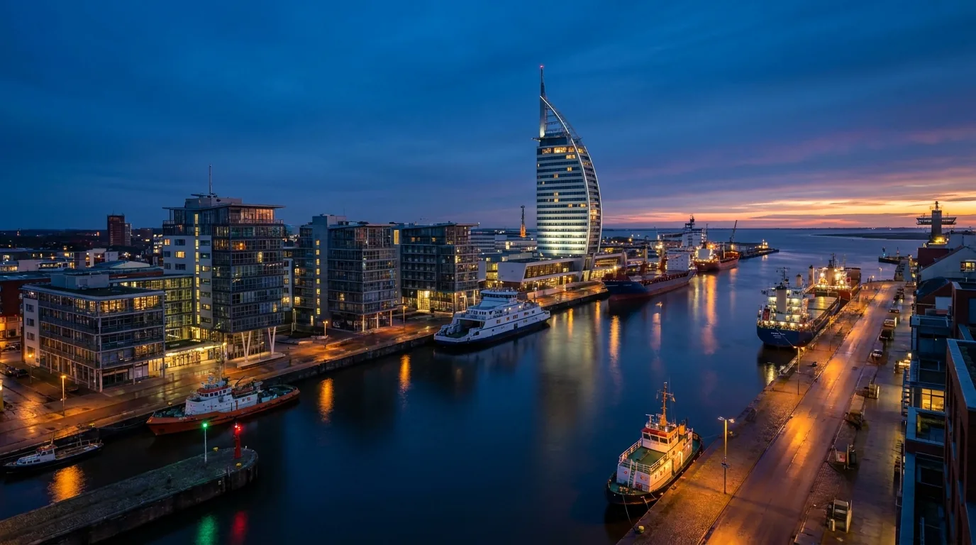 Hafen von Bremerhaven an der Wesermündung zur blauen Stunde mit dem segelförmigen Hotelturm