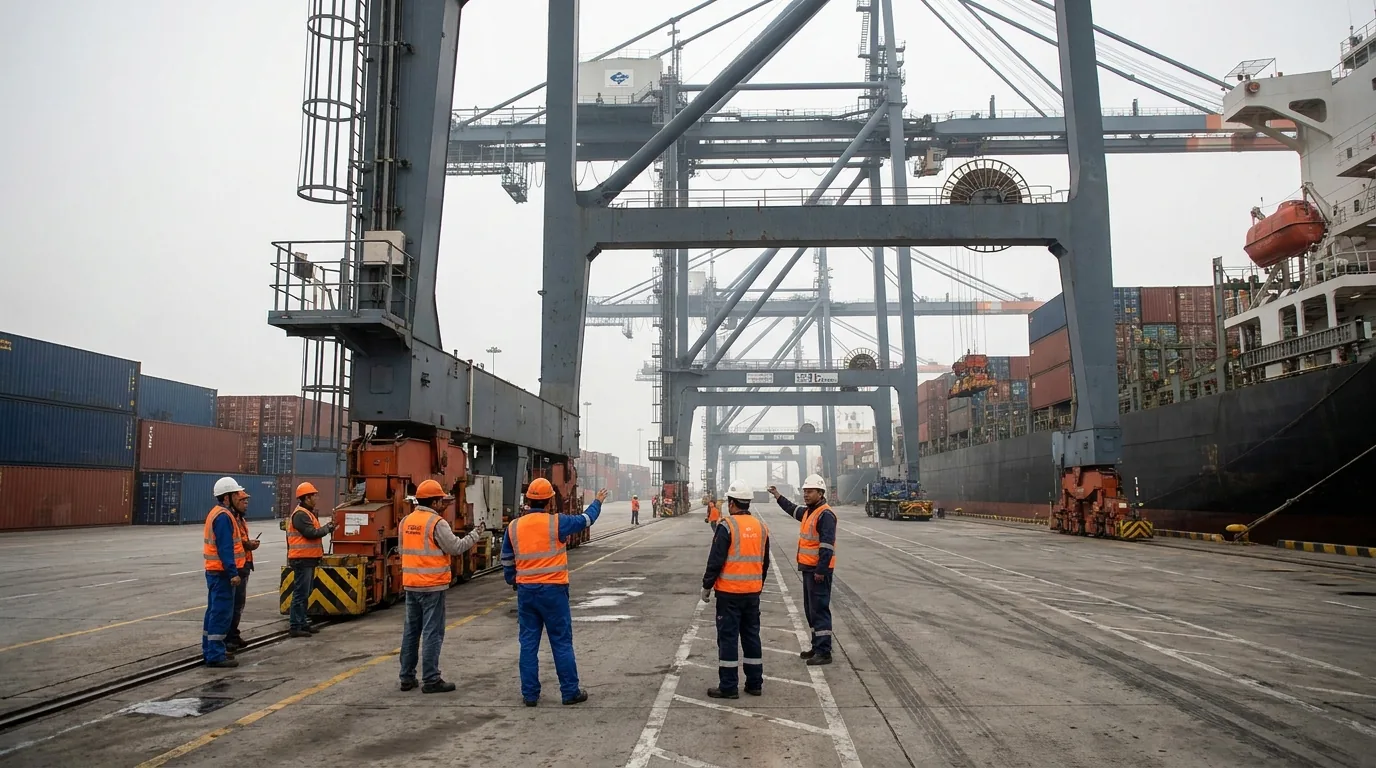 Hafenarbeiter in Warnwesten und Helmen am Containerterminal unter einer Containerbrücke