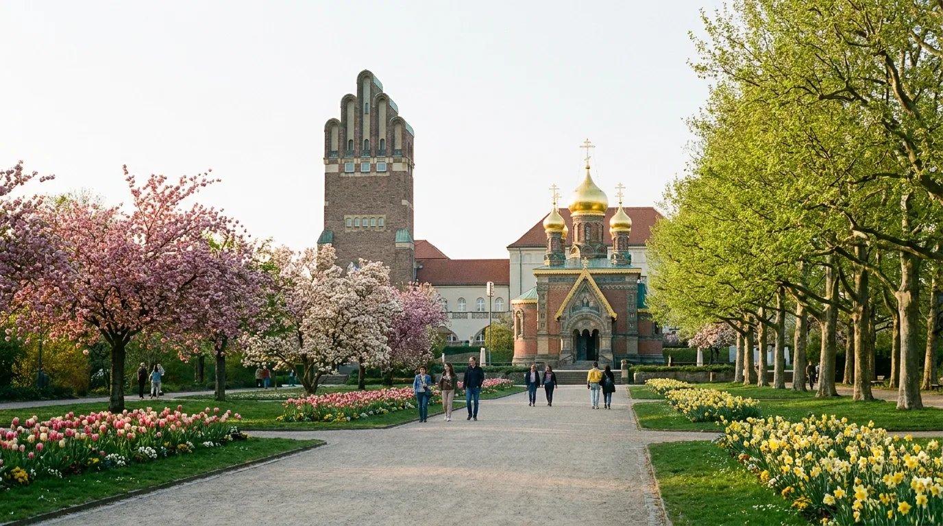 Die Mathildenhöhe in Darmstadt mit Hochzeitsturm und Russischer Kapelle im Frühling