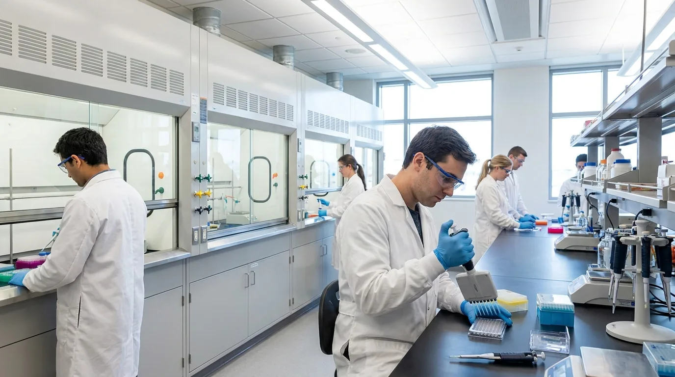 Chemielabor mit Abzügen, eine Wissenschaftlerin mit Schutzbrille und Handschuhen pipettiert Proben