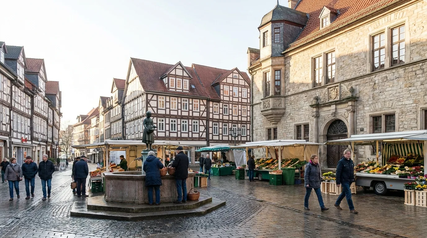 Marktplatz in Göttingen mit Altem Rathaus, Gänseliesel-Brunnen und Fachwerkhäusern