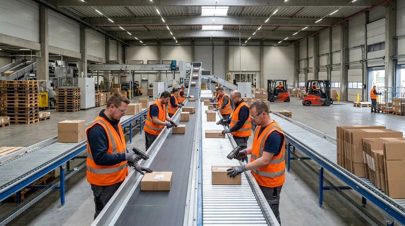 Beschäftigte in Warnwesten scannen Pakete an einem Förderband im Logistikzentrum