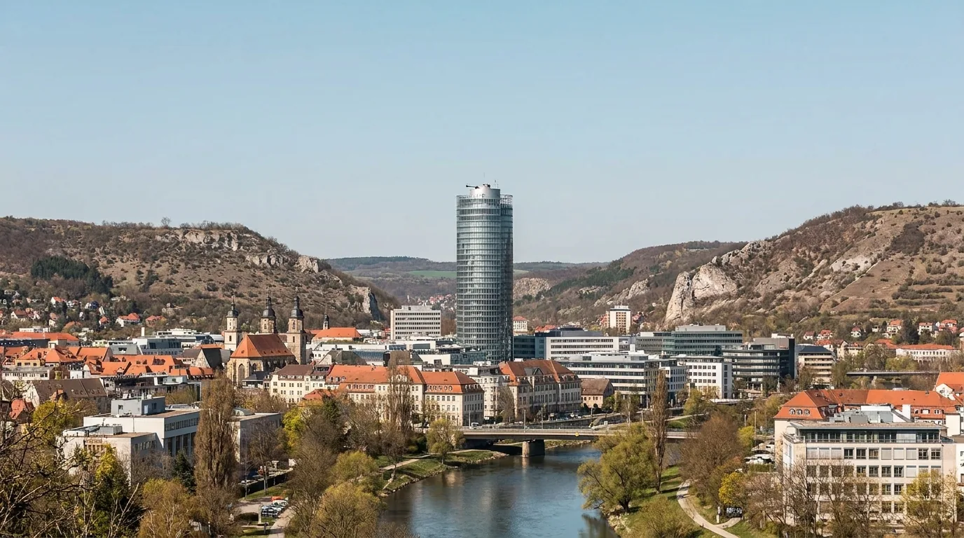 Blick über Jena im Saaletal mit dem JenTower und den Muschelkalkhängen
