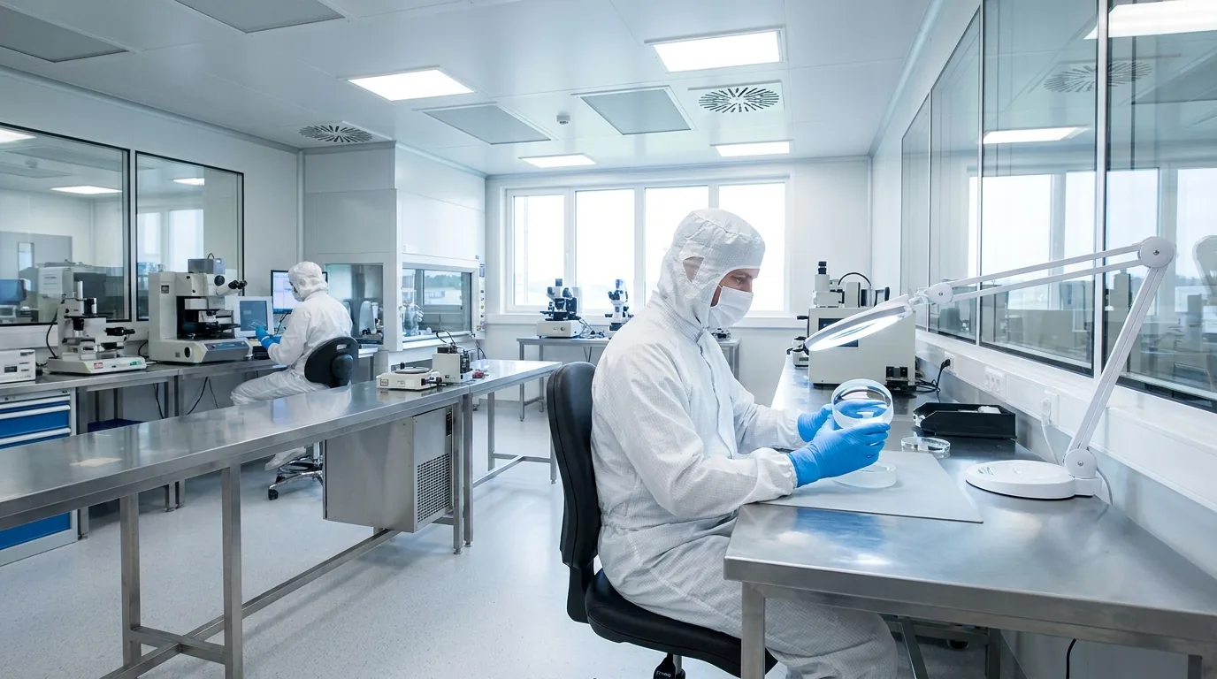 Techniker im Reinraumanzug prüft eine Präzisionslinse in der Optikfertigung