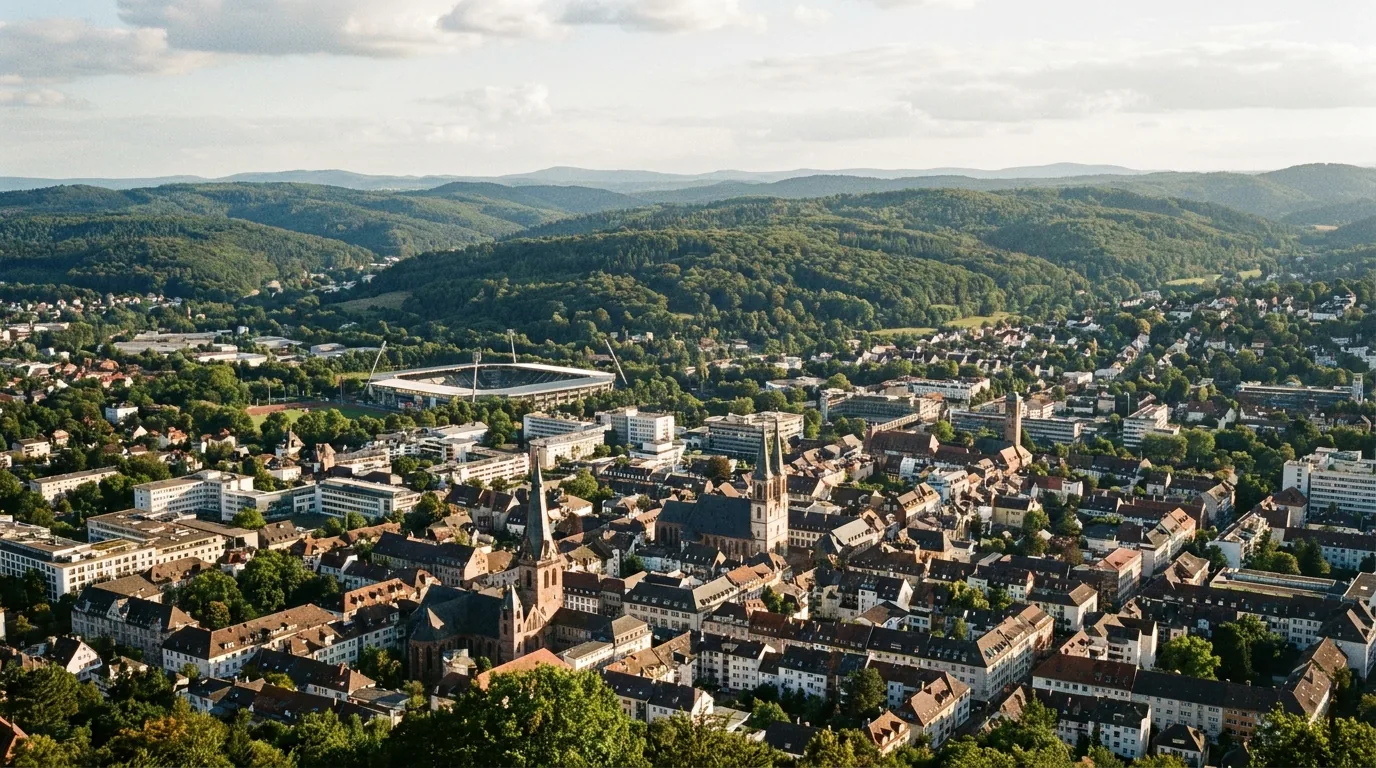 Blick über Kaiserslautern mit den Hügeln des Pfälzerwalds im Hintergrund