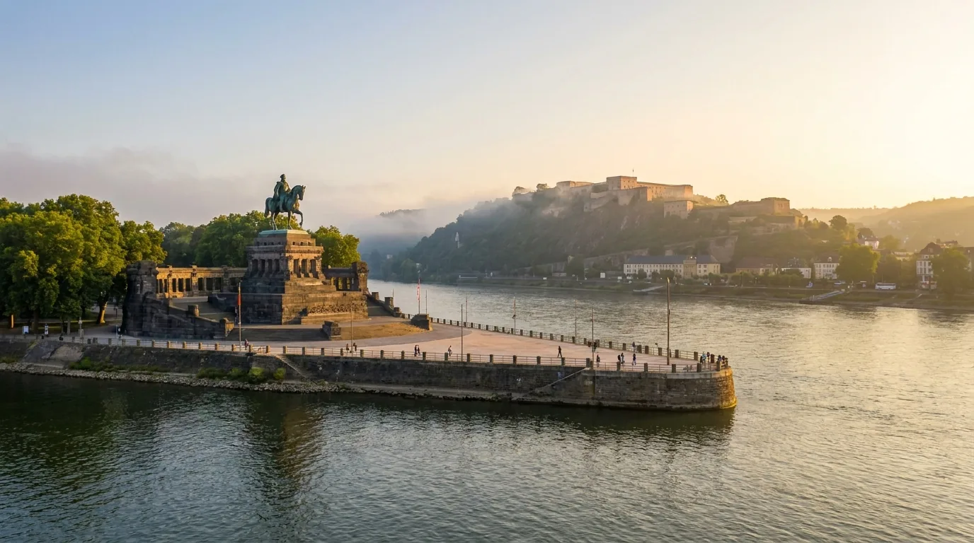 Das Deutsche Eck in Koblenz am Zusammenfluss von Rhein und Mosel, dahinter die Festung Ehrenbreitstein