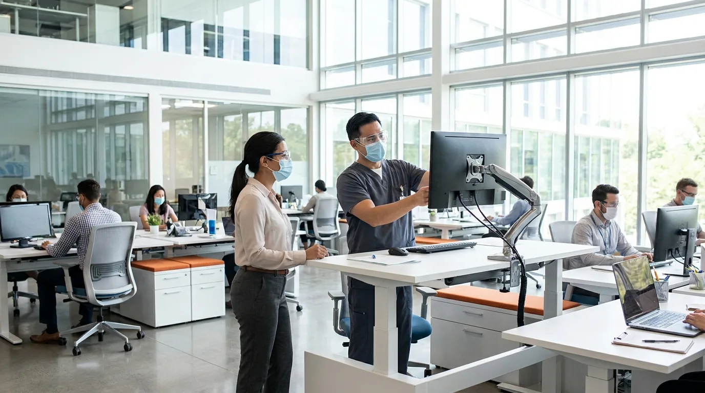 Betriebsärztin berät an einem ergonomischen Bildschirmarbeitsplatz in einem hellen Großraumbüro