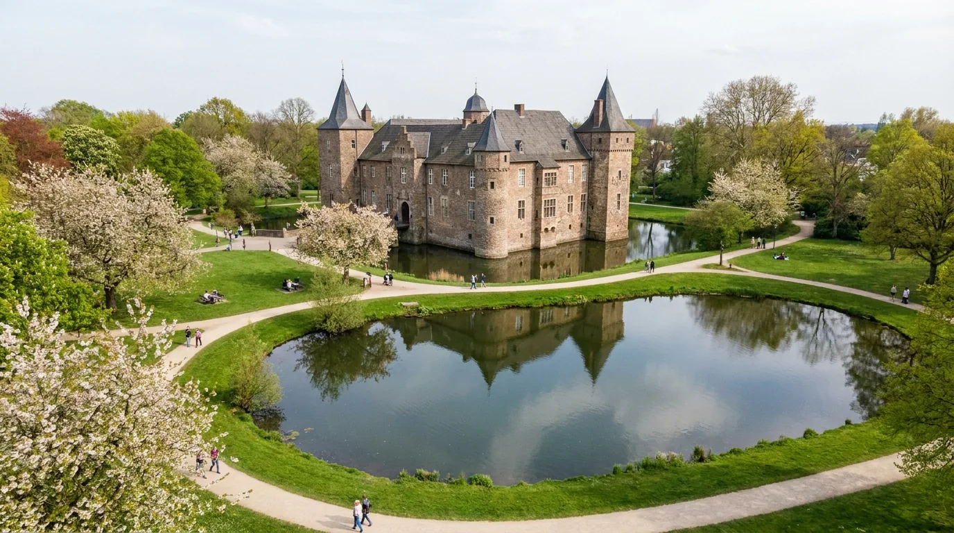 Das Moerser Schloss im Schlosspark mit Teich im Frühling
