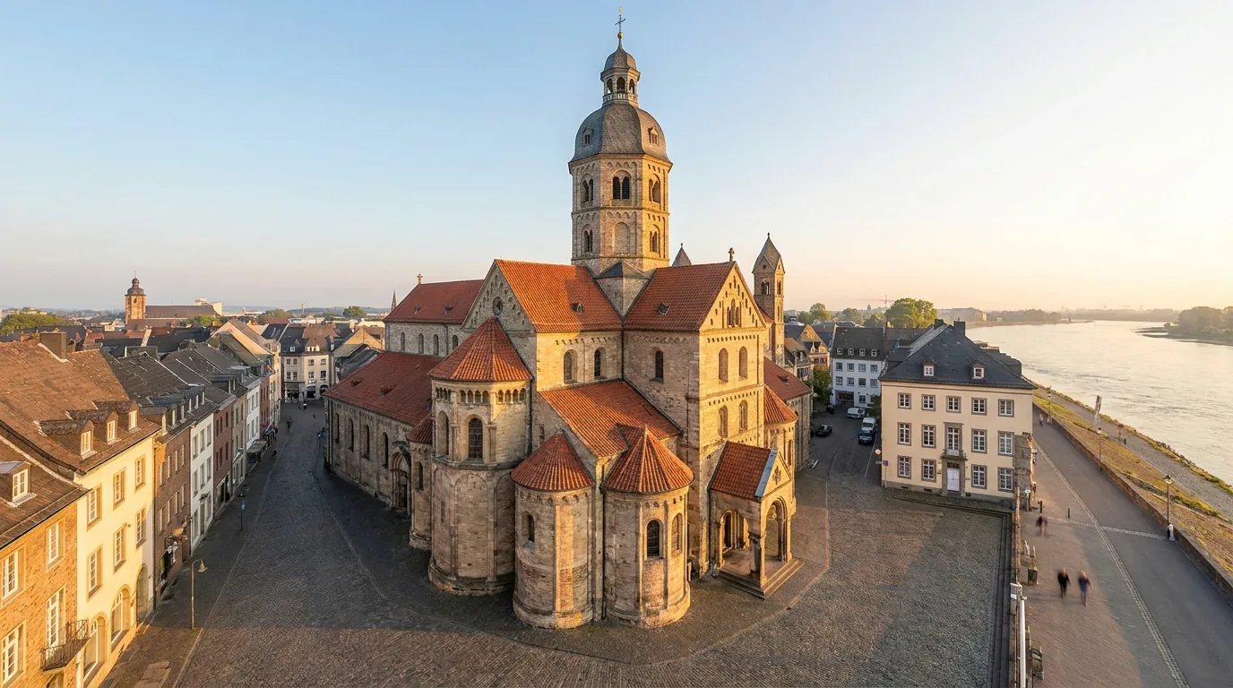 Das Quirinus-Münster über der Neusser Altstadt am Morgen