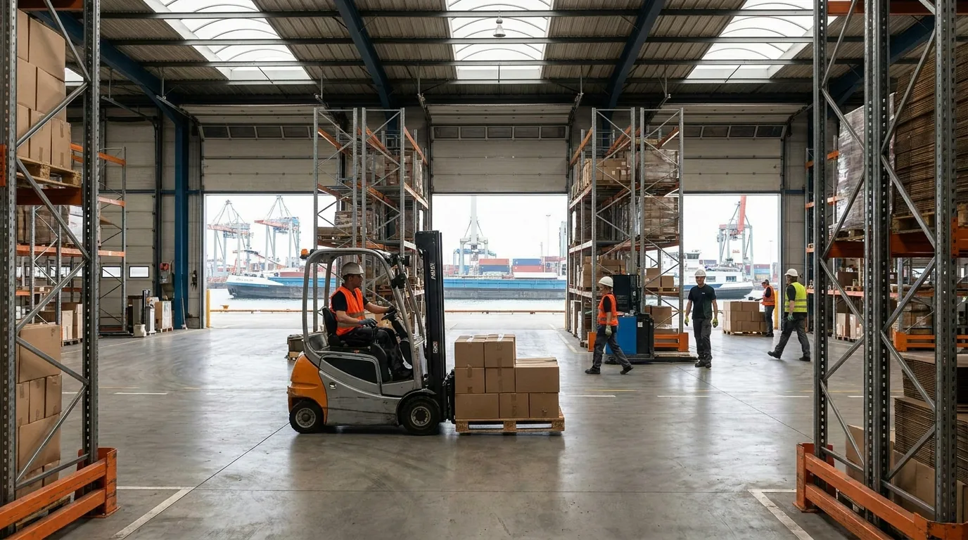 Staplerfahrer in Warnweste bewegt Paletten in einem Logistiklager am Hafen