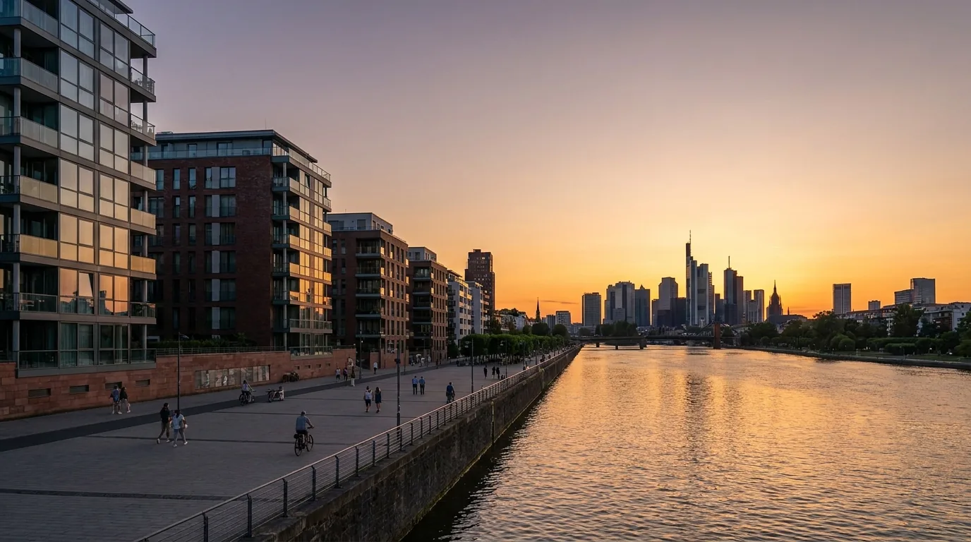 Mainufer in Offenbach mit Wohngebäuden und der Frankfurter Skyline im Abendlicht