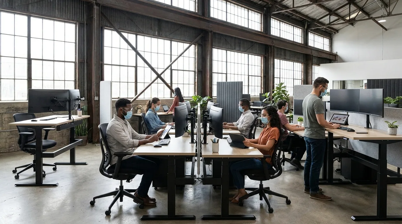 Designstudio in einer umgebauten Industriehalle mit höhenverstellbaren Schreibtischen