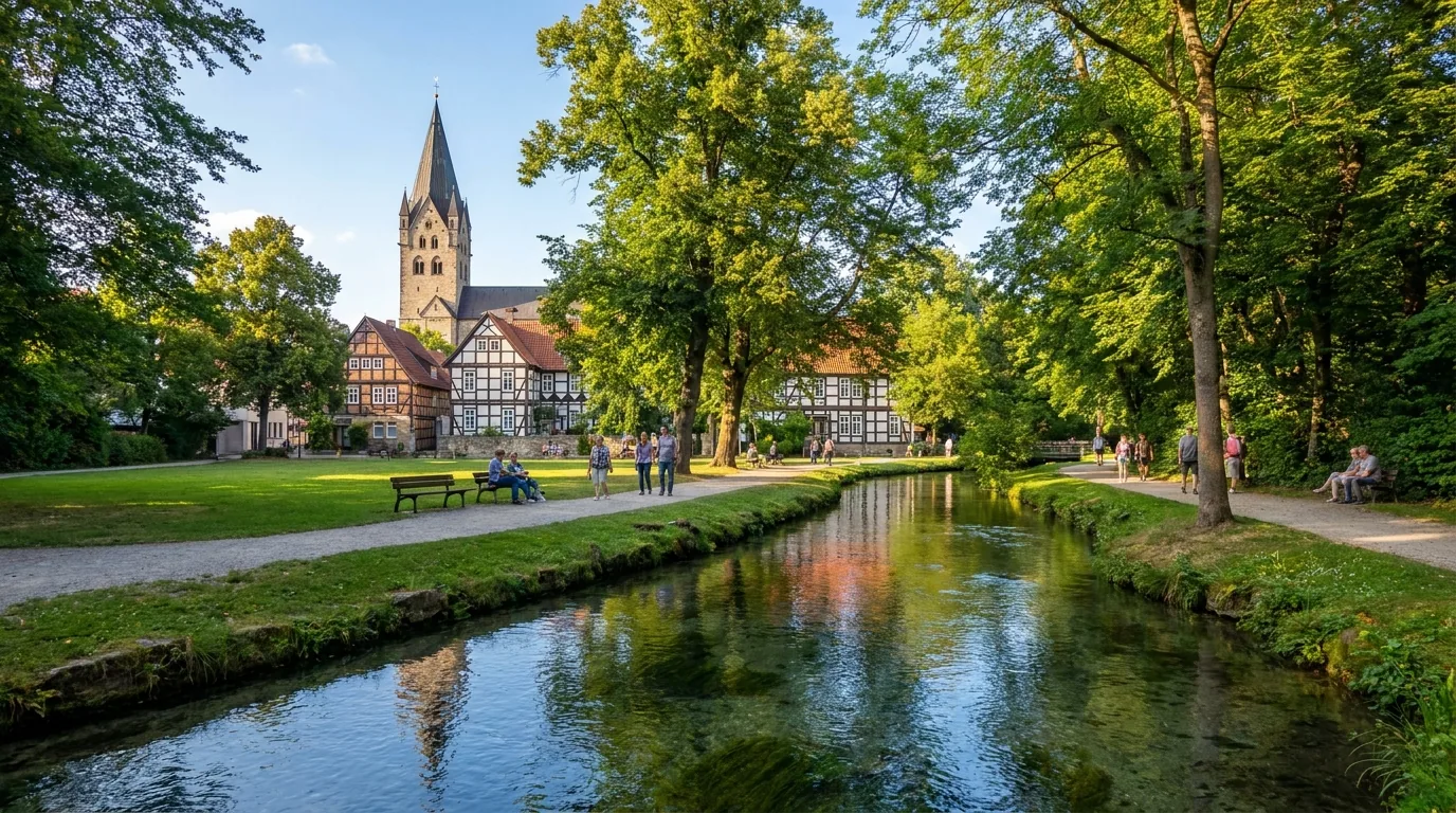Paderborner Altstadt mit Domturm und den Quellen der Pader im Park