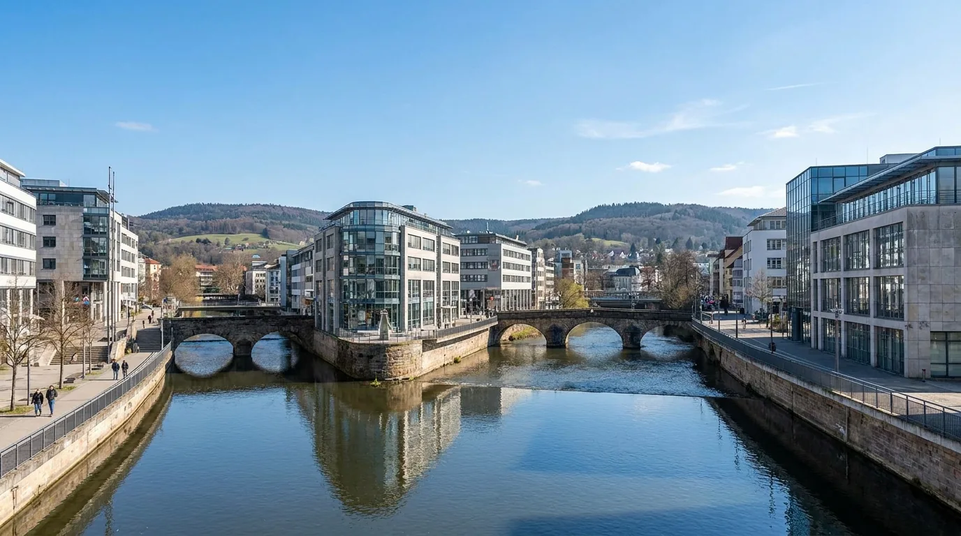 Die Enz in Pforzheim mit Brücken, modernen Gebäuden und den Hügeln des Schwarzwalds