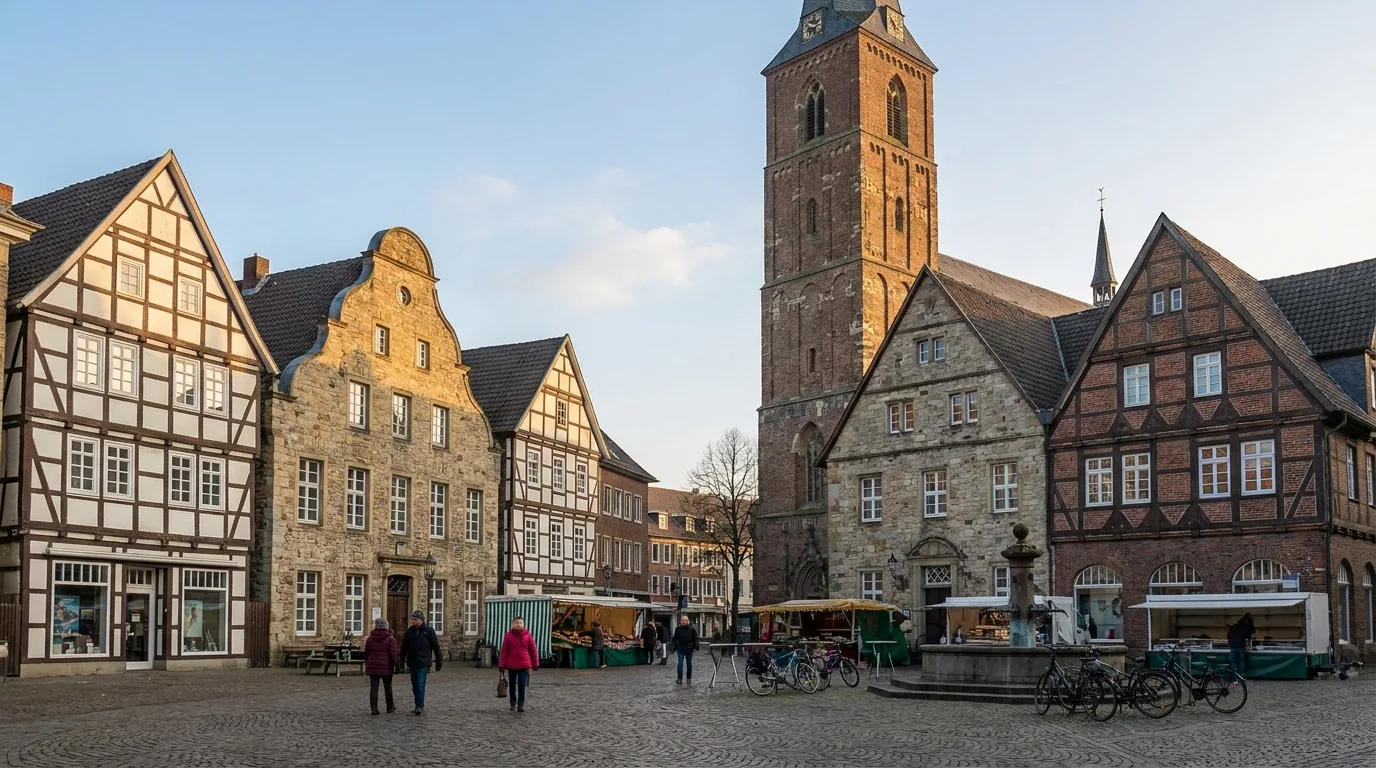 Altstadtmarkt in Recklinghausen mit historischen Häusern und dem Turm der Petruskirche