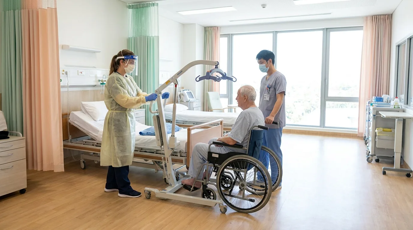 Pflegekraft hilft einem älteren Patienten mit einem Patientenlifter aus dem Bett
