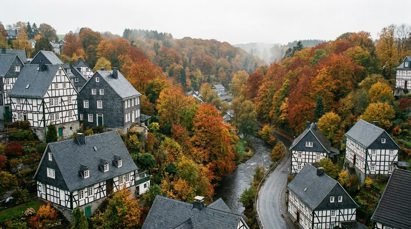 Schieferverkleidete Häuser und bewaldete Täler im Bergischen Land bei Remscheid im Herbst