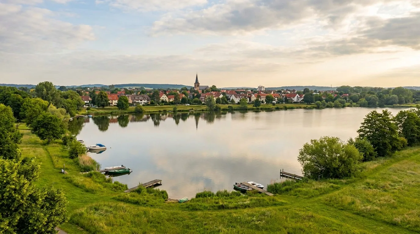 Der Salzgittersee mit grünem Ufer und der Stadt Salzgitter am Sommermorgen