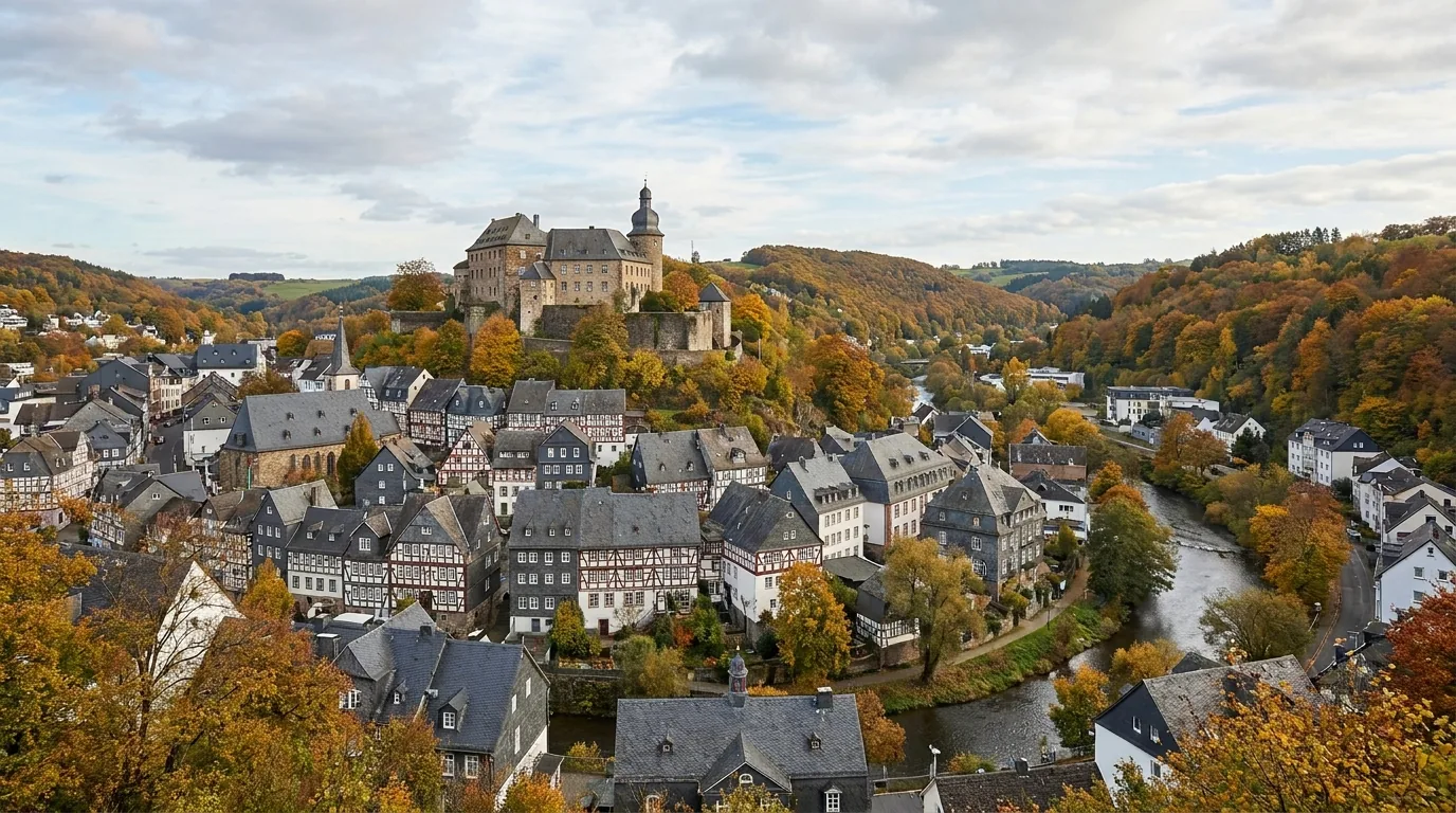 Oberes Schloss über der Siegener Altstadt, umgeben von bewaldeten Hügeln im Herbst