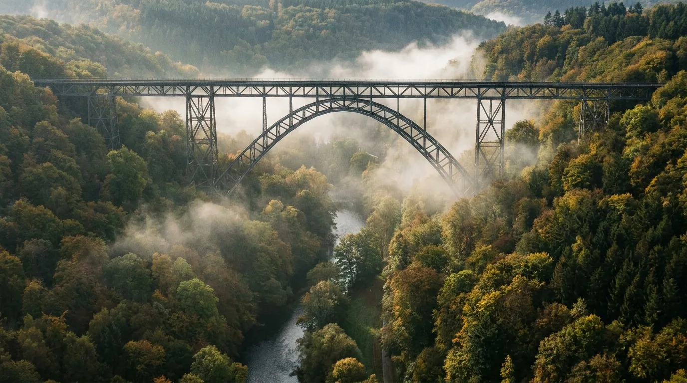 Die Müngstener Brücke über dem Tal der Wupper bei Solingen im Morgennebel