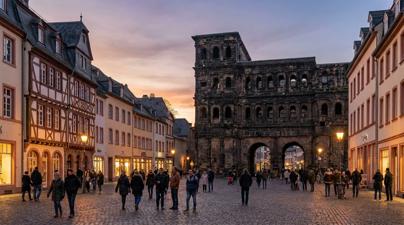 Die Porta Nigra in Trier am Abend mit Fußgängerzone und Altstadthäusern