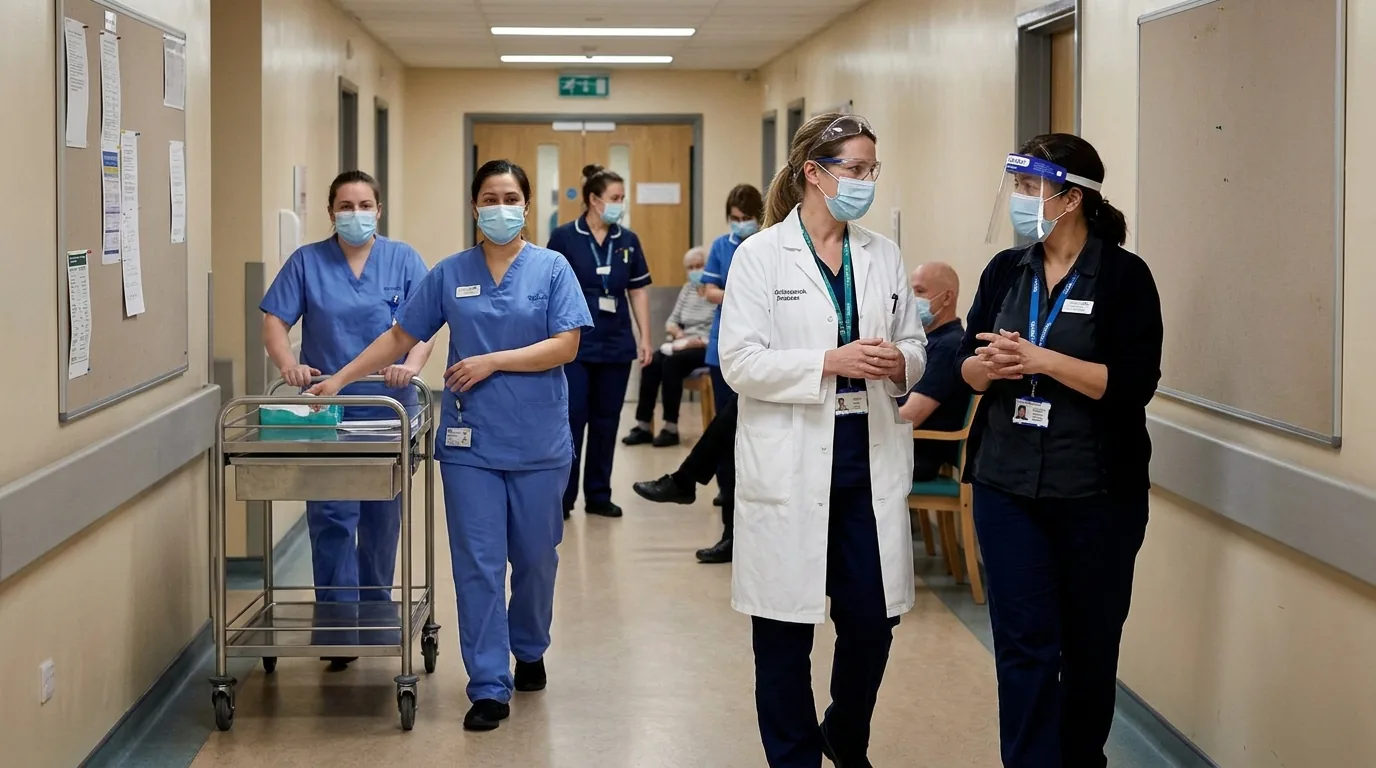 Pflegekräfte und Ärztin im Krankenhausflur mit Pflegewagen