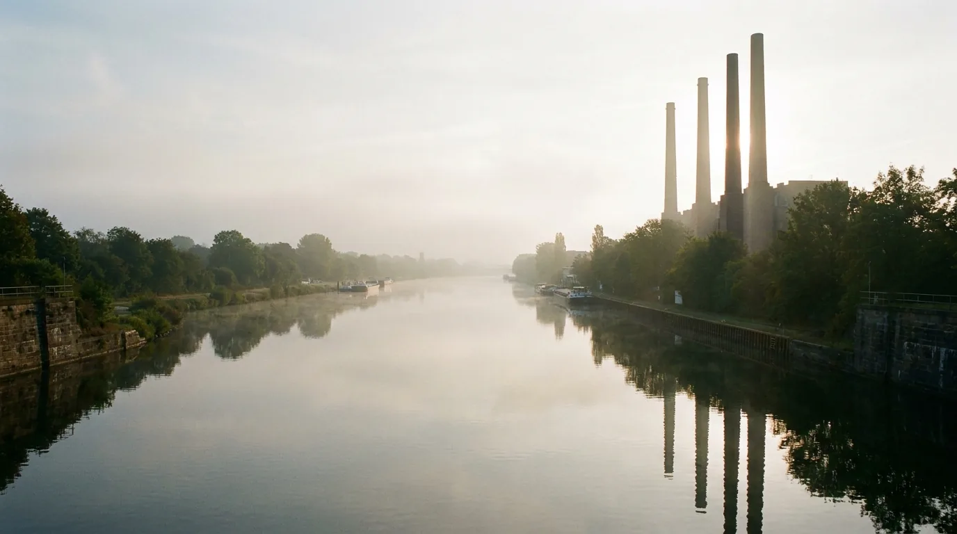 Mittellandkanal in Wolfsburg mit den vier Schornsteinen des historischen Kraftwerks im Morgendunst
