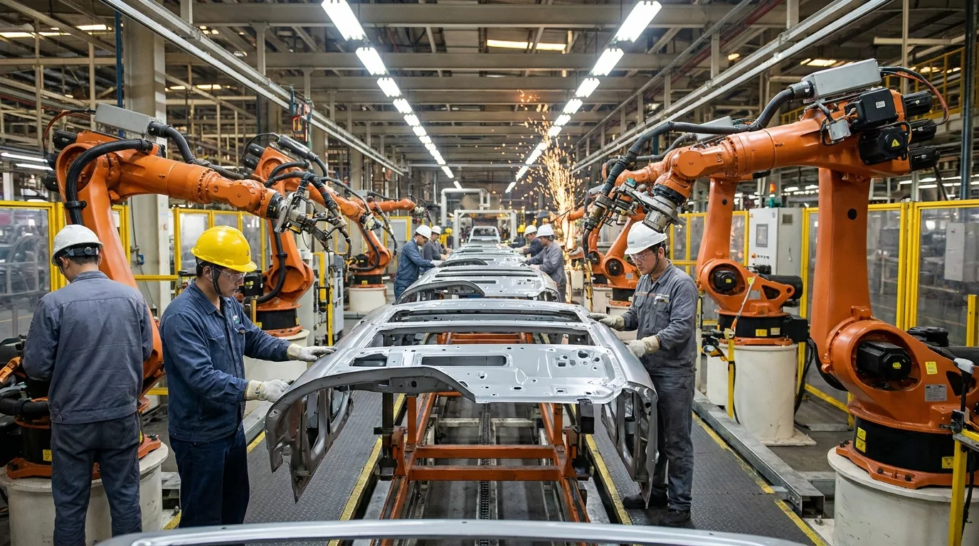 Beschäftigte mit Schutzbrillen prüfen Karosserieteile neben Industrierobotern
