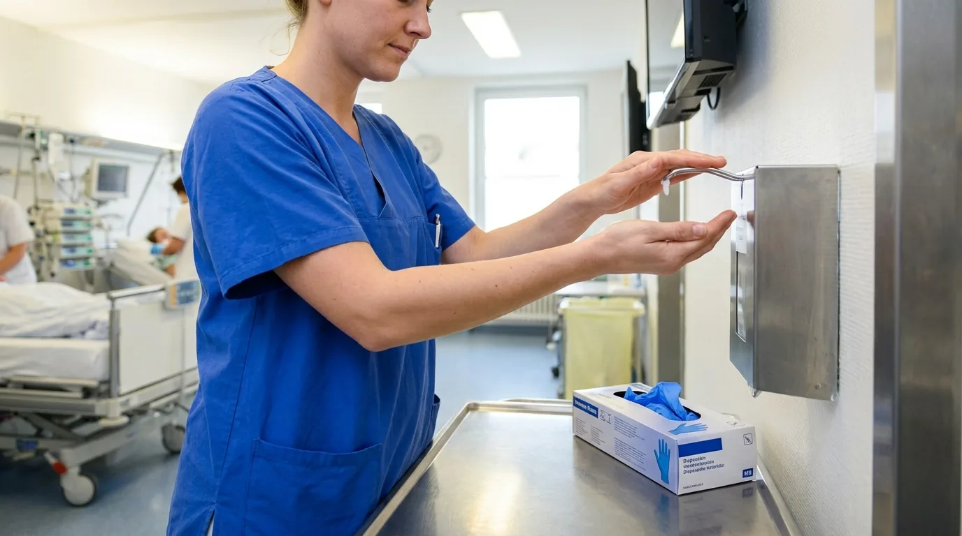 Pflegekraft desinfiziert die Hände ohne Handschuhe am Wandspender, Einmalhandschuhe liegen bereit
