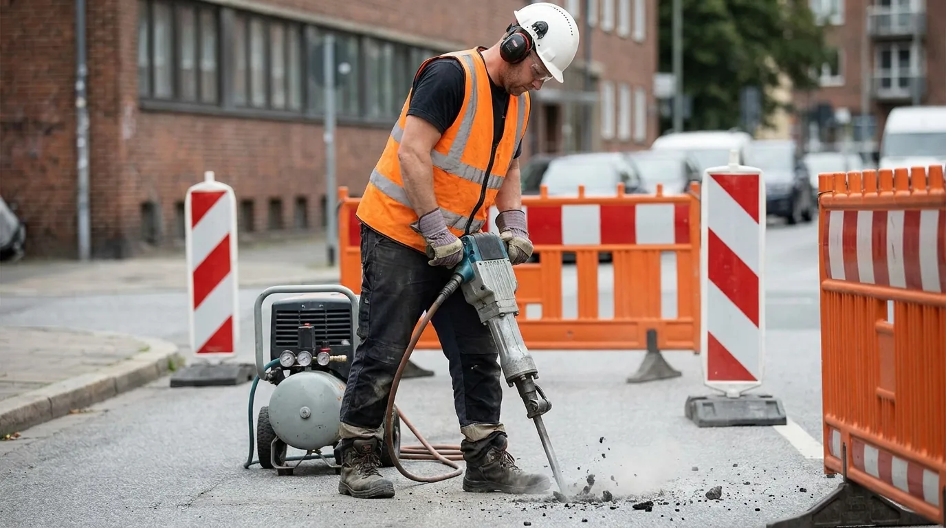 Straßenbauarbeiter mit Helm, Gehörschutz und Warnweste arbeitet mit dem Drucklufthammer auf der Fahrbahn