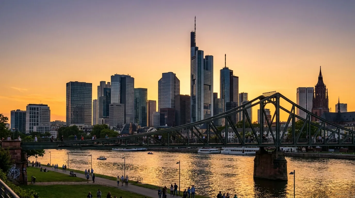 Frankfurter Bankenviertel mit Skyline am Main und Eisernem Steg
