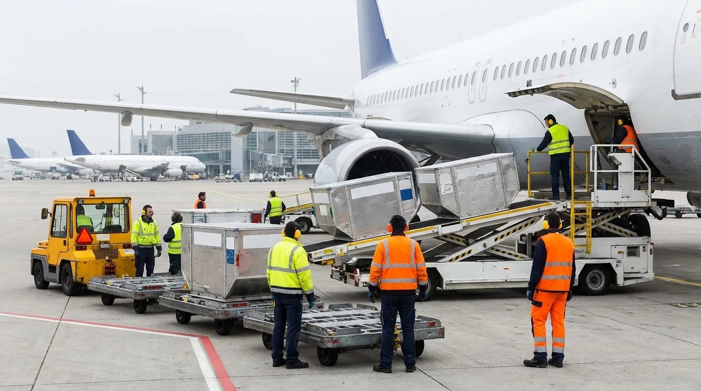Bodenpersonal mit Warnweste und Gehörschutz am Frankfurter Flughafen