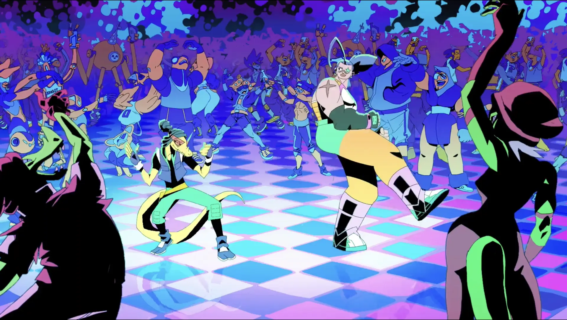 Animated scene from Funky Hunters — Carla and Pepe on a space chase