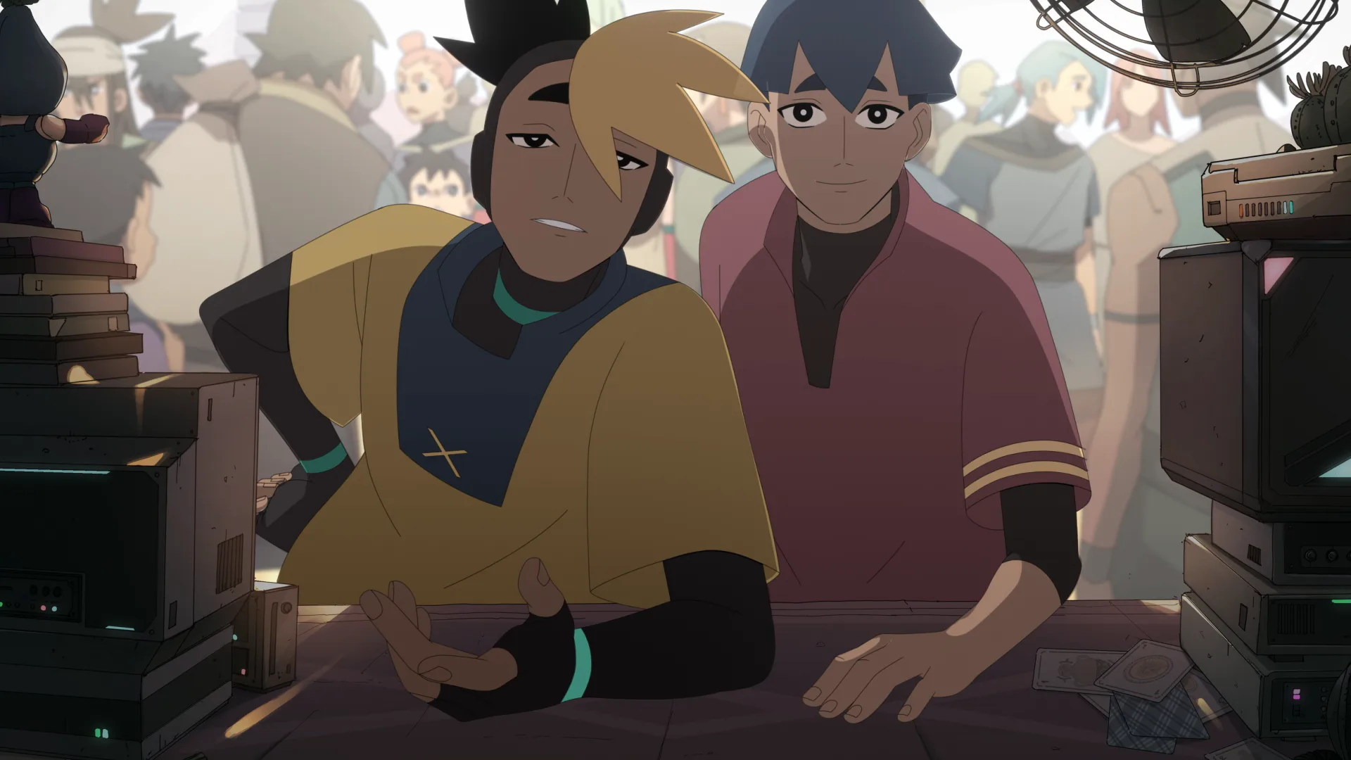 Animated scene from Electro Andes — the brothers in the Andean settlement of Arcadia Iruyana