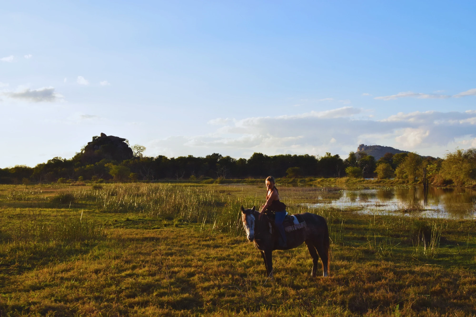 A rider on a grey horse beside the water.