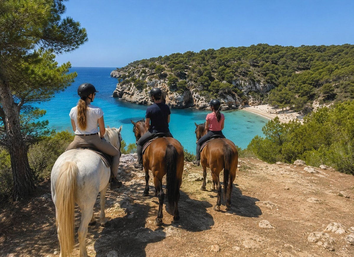Riders overlooking the turquoise water at Cala Mitjana, Menorca.