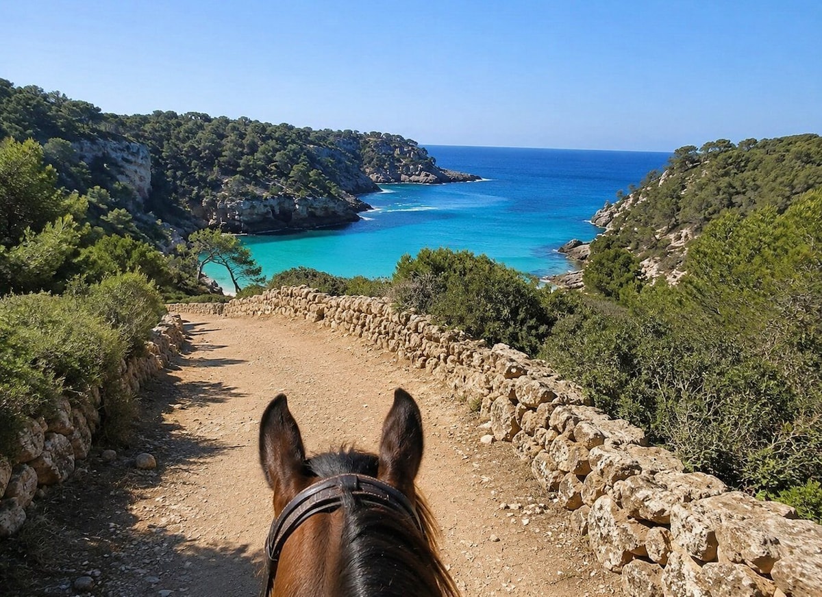 A view towards Cala Mitjana from horseback on the coastal path.