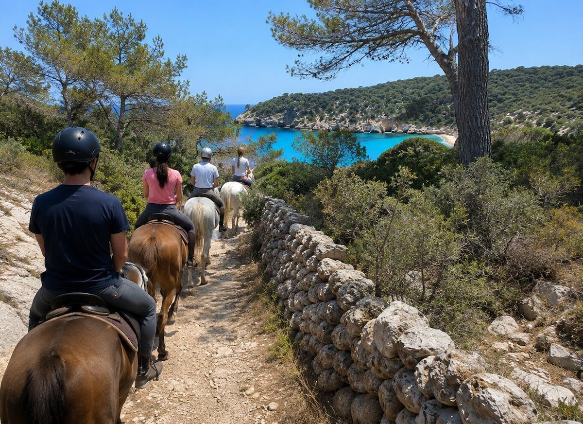 Riders following the dry-stone trail through the Menorcan pines.