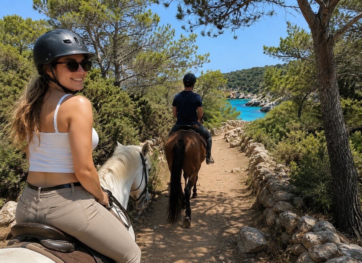 A helmeted rider on the trail towards Cala Mitjana.