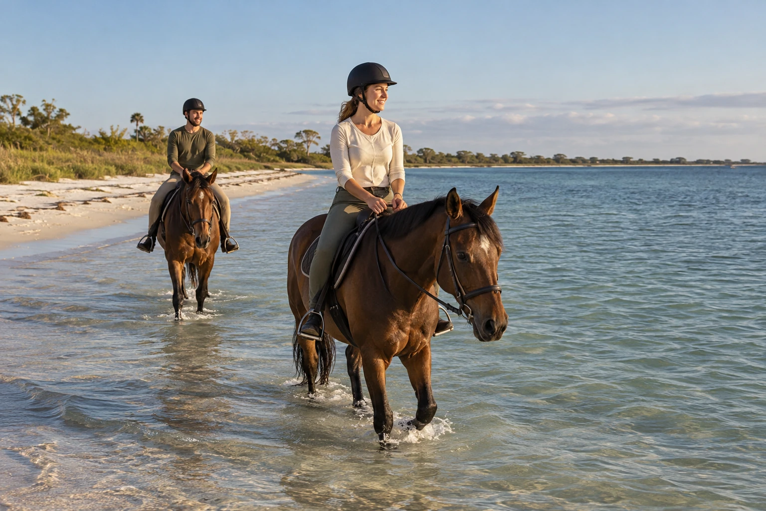 Illustrative scene of helmeted adults wading bay horses through shallow water on a flat Florida Gulf Coast shoreline.