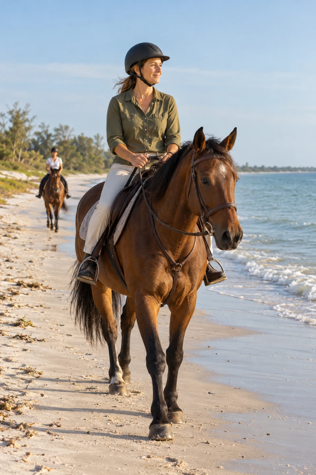 Illustrative scene of a helmeted adult riding a bay horse at a walk along a pale sandy Gulf Coast beach.