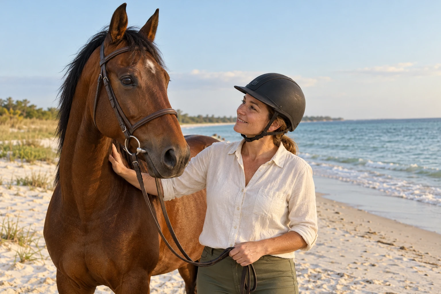 Illustrative portrait of a helmeted traveler standing beside a bay horse on a quiet Florida-style Gulf Coast beach.
