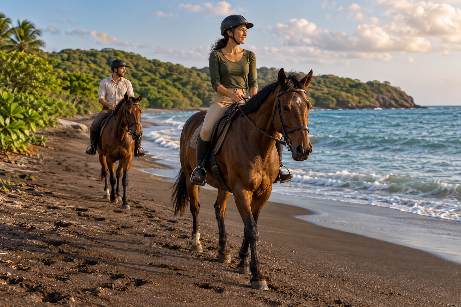 Illustrative scene of helmeted adults riding bay horses along a tropical dark-sand beach.