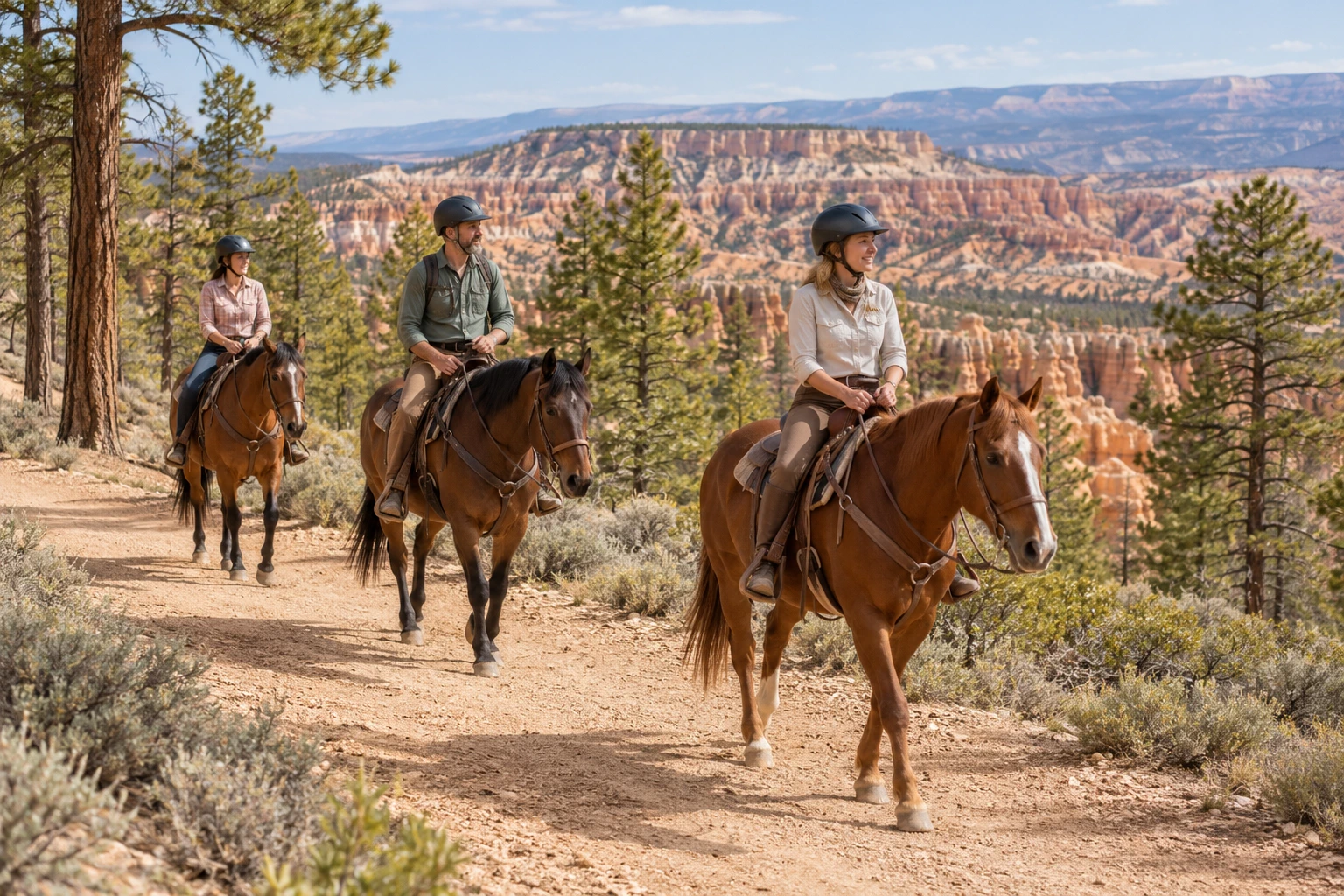 Illustrative scene of helmeted adults riding horses on a broad trail above Bryce-style hoodoos.
